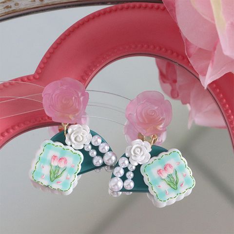 IG Style Sweet Geometric Flower Resin Asymmetrical Pearl Women's Drop Earrings Ear Cuffs 1 Pair