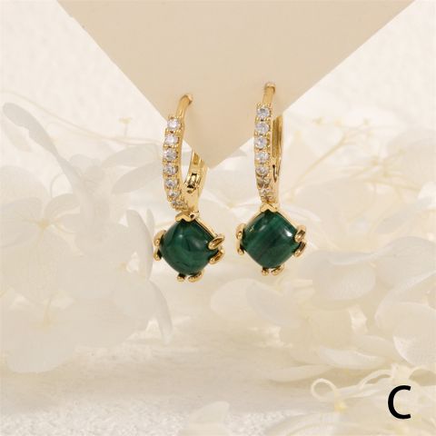 1 Pair IG Style Vintage Style Square Inlay Copper Malachite Zircon 18K Gold Plated Drop Earrings