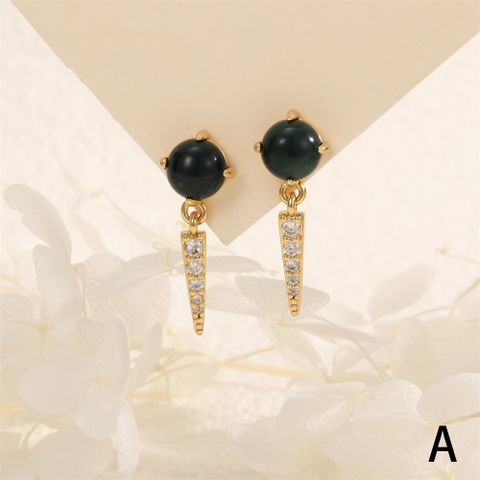 1 Pair IG Style Vintage Style Triangle Inlay Copper Malachite Agate Zircon 18K Gold Plated Drop Earrings