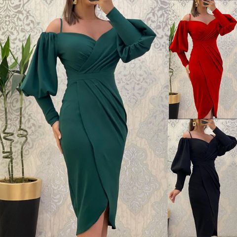 Women's Sheath Dress Sexy Boat Neck Zipper Long Sleeve Solid Color Midi Dress Daily