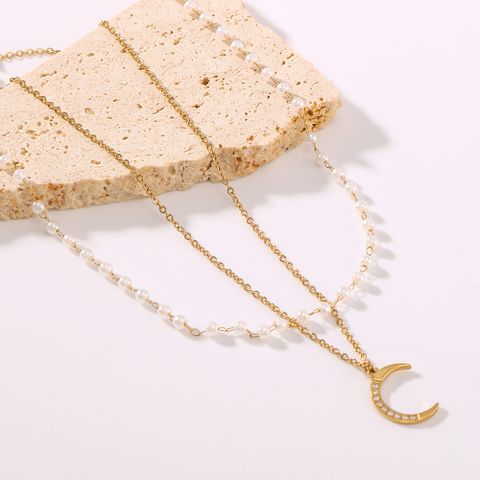 304 Stainless Steel Artificial Pearl 18K Gold Plated IG Style Romantic Shiny Inlay Moon Zircon Double Layer Necklaces
