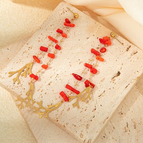1 Pair Elegant Artistic Korean Style Tassel Coral Plating Inlay 304 Stainless Steel Natural Stone Gold Plated Drop Earrings