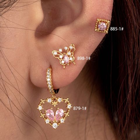 1 Piece IG Style Simple Style Heart Shape Butterfly Inlay Copper Zircon Ear Studs Cartilage Earrings