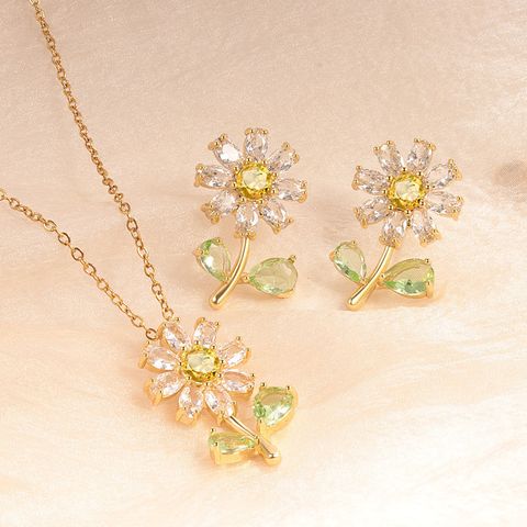 Elegant Simple Style Flower Copper Plating Zircon Earrings Necklace Jewelry Set 1 Piece 1 Set