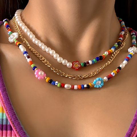 Casual Ethnic Style Flower Arylic Imitation Pearl Seed Bead Women's Necklace 1 Set