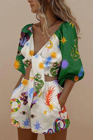 Ferien Täglich Strand Frau Ferien Geometrisch Blume Polyester Drucken Hosen-Sets Hosen-Sets