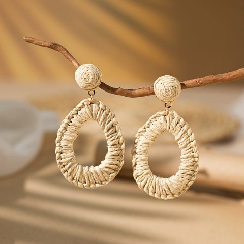 1 Pair Vacation Bohemian Round Square Water Droplets Braid Hollow Out Straw Rattan Drop Earrings