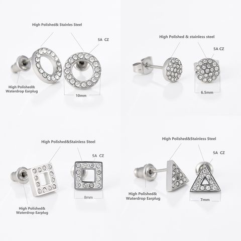 4 Pairs Simple Style Commute Triangle Round Square Inlay 304 Stainless Steel Zircon 18K Gold Plated Ear Studs