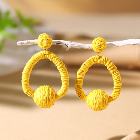 1 Pair Vacation Bohemian Circle Hollow Out Alloy Straw Rattan Drop Earrings