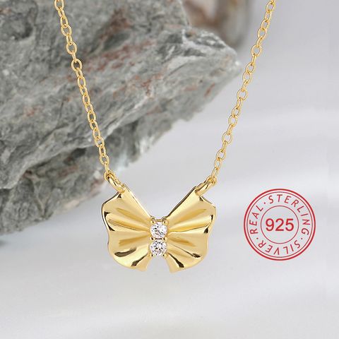 Sterling Silver 18K Gold Plated Sweet Simple Style Hollow Out Inlay Oval Bow Knot Zircon Necklace