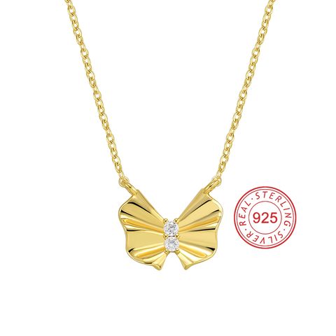 Sterling Silver 18K Gold Plated Sweet Simple Style Hollow Out Inlay Oval Bow Knot Zircon Necklace