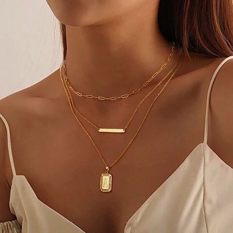 Copper 14K Gold Plated Modern Style Classic Style Cool Style Plating Inlay Letter Square Zircon Three Layer Necklace