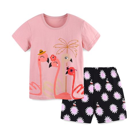 Casual Animal Cartoon Flamingo Cotton Girls Clothing Sets