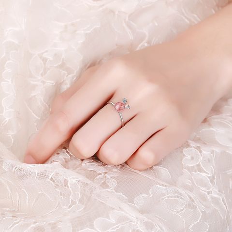 Wholesale Sweet Rabbit Copper Inlay White Gold Plated Strawberry Quartz Open Rings