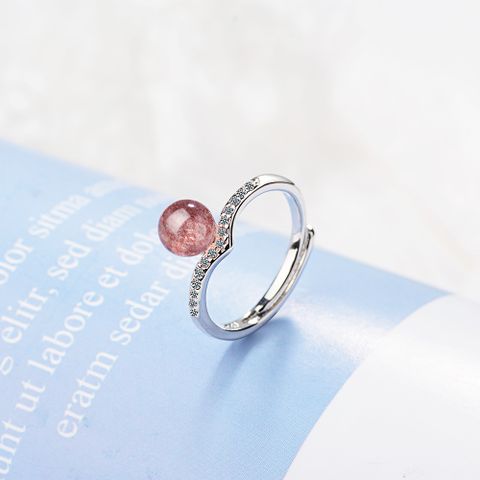 Wholesale Simple Style Geometric Copper Inlay White Gold Plated Strawberry Quartz Adjustable Ring