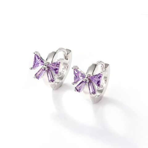 1 Pair Lady Modern Style Sweet Flower Bow Knot Inlay Sterling Silver Zircon Hoop Earrings