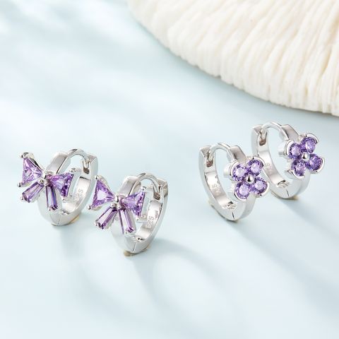 1 Pair Lady Modern Style Sweet Flower Bow Knot Inlay Sterling Silver Zircon Hoop Earrings