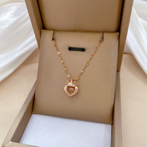 Wholesale Modern Style Simple Style Heart Shape Crown 304 Stainless Steel Copper Inlay Rhinestones Pendant Necklace