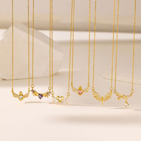 304 Stainless Steel 18K Gold Plated Casual Simple Style Commute Inlay Swan Heart Shape Bow Knot Artificial Rhinestones Pendant Necklace