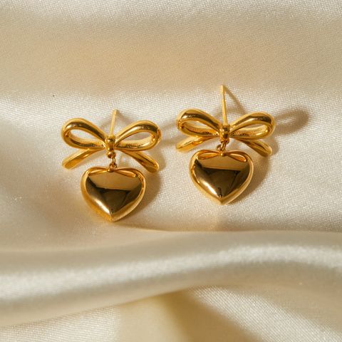 1 Pair Elegant Simple Style Heart Shape Bow Knot Plating 304 Stainless Steel 18K Gold Plated Drop Earrings
