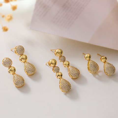 1 Pair Retro Simple Style Commute Round Water Droplets Inlay Copper Zircon 18K Gold Plated Drop Earrings