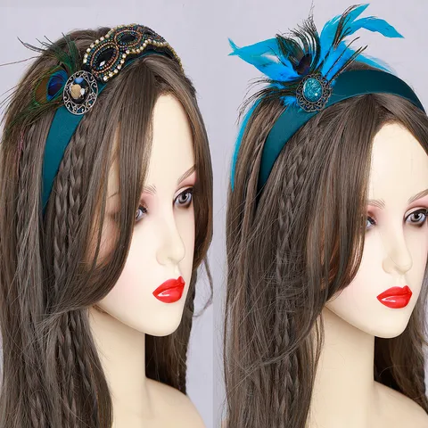 Mujeres Chinoiserie Retro Estilo Étnico Pluma Tela Diamante De Imitación Pluma Embutido Turquesa Circón Banda Para El Cabello