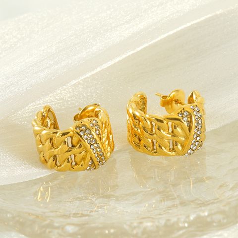 1 Pair Cute Simple Style C Shape Hollow Out Inlay 304 Stainless Steel Titanium Steel Rhinestones 18K Gold Plated Ear Studs
