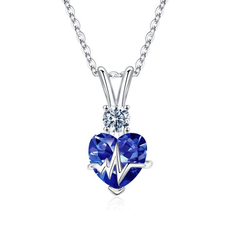 Sterling Silver Sweet Shiny Inlay Electrocardiogram Heart Shape Birthstone Zircon Pendant Necklace