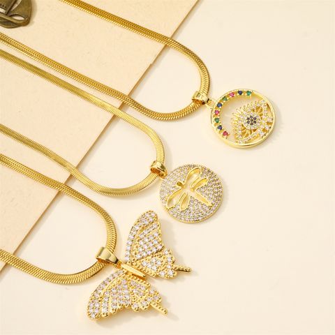 304 Stainless Steel 18K Gold Plated Casual Inlay Butterfly Devil's Eye Dragonfly Zircon Pendant Necklace