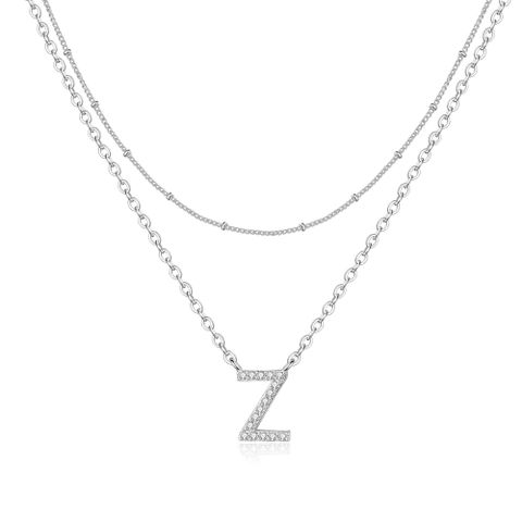 Sterling Silver Copper Casual Classic Style Shiny Inlay Letter Zircon Double Layer Necklaces