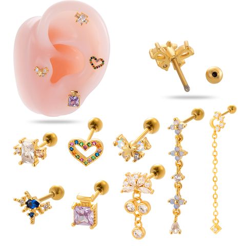 1 Piece Ear Cartilage Rings & Studs IG Style French Style Simple Style Heart Shape Flower Butterfly Copper Hollow Out Inlay Zircon
