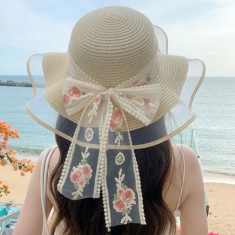 Women's Elegant Vacation Flower Bowknot Big Eaves Sun Hat