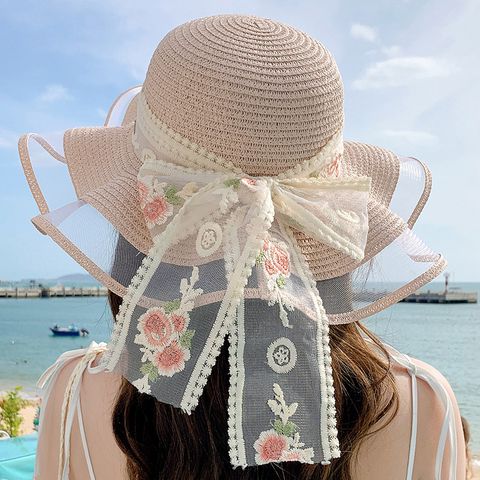 Women's Elegant Vacation Flower Bowknot Big Eaves Sun Hat