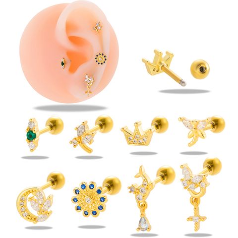 1 Piece Ear Cartilage Rings & Studs IG Style French Style Simple Style Cross Crown Flower Copper Inlay Zircon