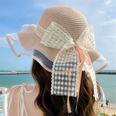 Women's Hawaiian Vacation Solid Color Lace Bowknot Big Eaves Sun Hat