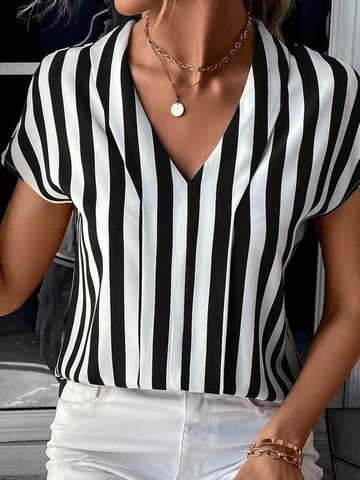 Women's Blouse Short Sleeve T-Shirts Printing Simple Style Stripe
