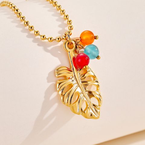 304 Stainless Steel 24K Gold Plated Elegant Modern Style Classic Style Plating Inlay Leaves Agate Pendant Necklace