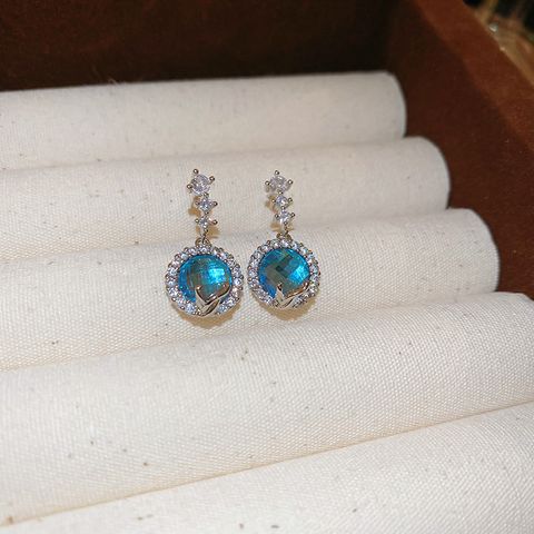 1 Pair IG Style Shiny Round Inlay Copper Moonstone Zircon Drop Earrings