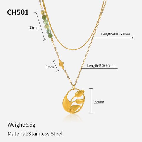 304 Stainless Steel Casual Plating Rose Natural Stone Double Layer Necklaces