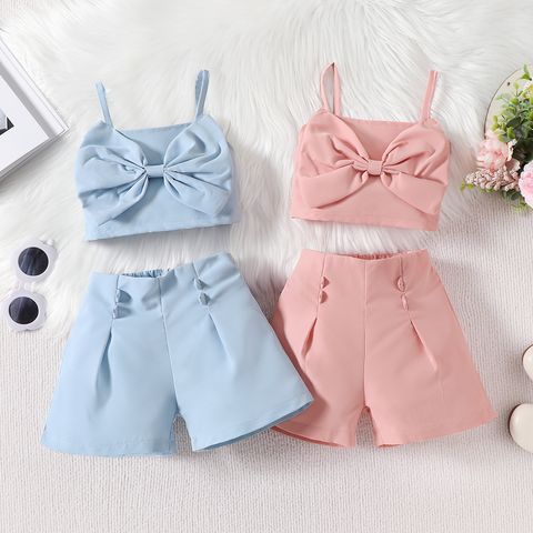 Casual Cute Solid Color Bow Knot Polyester Girls Clothing Sets