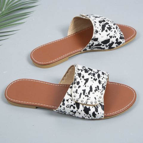 Women's Casual Cow Pattern Leopard Round Toe Slides Slippers