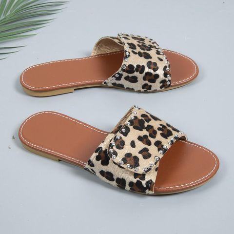 Women's Casual Cow Pattern Leopard Round Toe Slides Slippers