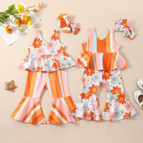 Casual Cute Flower Polyester Girls Clothing Sets
