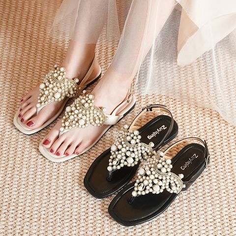 Women's Casual Elegant Solid Color Rhinestone Pearls Square Toe Thong Sandals