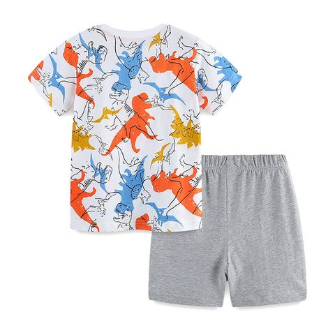 Summer New Boys' Suit Knitted Cotton European And American Style Children Cartoon Dinosaur Printed Short Sleeve Pullover Two Pieces