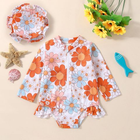 Cross-Border New Arrival Children's Swimsuit Girls' Flower Print Sun Hat Western Style Sun Protection Beach Swimming Quick Drying Clothes Suit