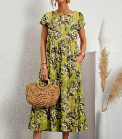 Women's Regular Dress Vacation Round Neck Printing Zipper Sleeveless Leaves Flower Maxi Long Dress Holiday Daily Beach