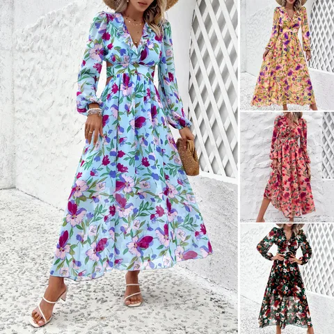 Women's Regular Dress Vacation V Neck Printing Long Sleeve Flower Maxi Long Dress Daily Beach