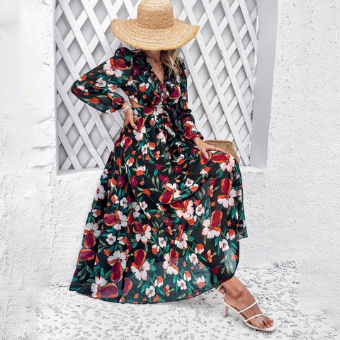 Women's Regular Dress Vacation V Neck Printing Long Sleeve Flower Maxi Long Dress Daily Beach
