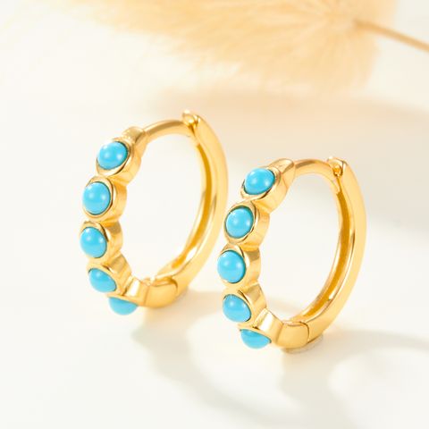 1 Pair Casual Tropical Simple Style Round Inlay Sterling Silver Turquoise Gold Plated Earrings